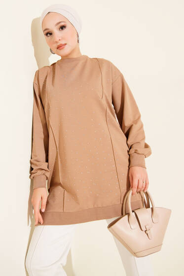 Taşlı Dikiş Detaylı Tunik Latte - Tunik