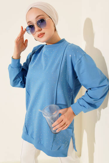 Taşlı Dikiş Detaylı Tunik Mavi - Tunik