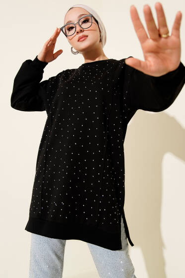 Taşlı Dikiş Detaylı Tunik Siyah - Tunik