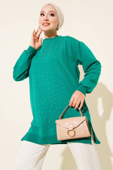 Taşlı Dikiş Detaylı Tunik Yeşil - Tunik