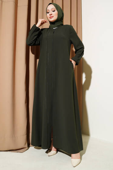 Taşlı Dikişli Omuz Vatkalı Büyük Beden Ferace Haki - Ferace