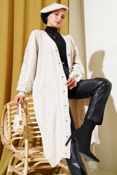 Taşlı Düğmeli Triko Hırka Bej - Hırka