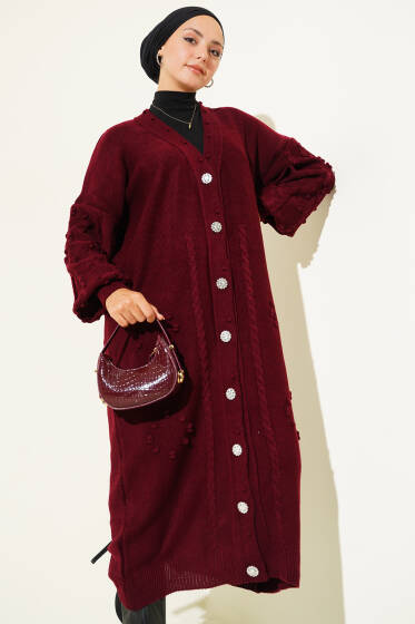 Taşlı Düğmeli Triko Hırka Bordo - Hırka