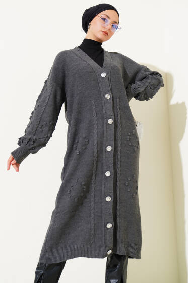 Taşlı Düğmeli Triko Hırka Füme - Hırka