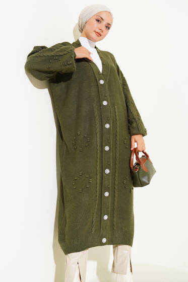 Taşlı Düğmeli Triko Hırka Haki - Hırka