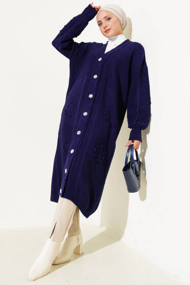 Taşlı Düğmeli Triko Hırka Lacivert - Hırka
