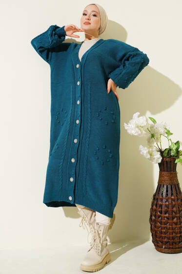 Taşlı Düğmeli Triko Hırka Petrol - Hırka