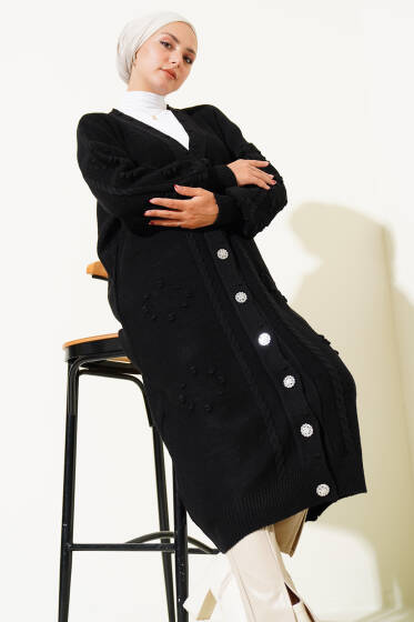 Taşlı Düğmeli Triko Hırka Siyah - Hırka