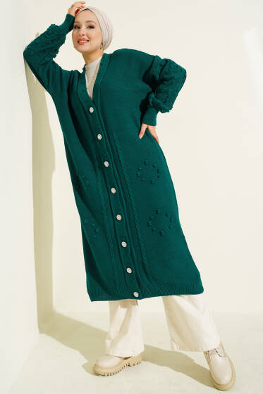 Taşlı Düğmeli Triko Hırka Zümrüt - Hırka