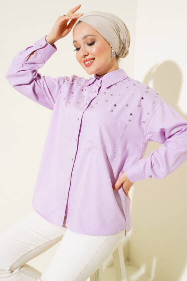 Taşlı Ekoseli Gömlek Lila - Gömlek