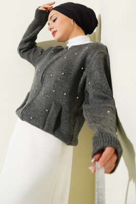 Taşlı Fermuarlı Kısa Triko Hırka Antrasit - FİXAY