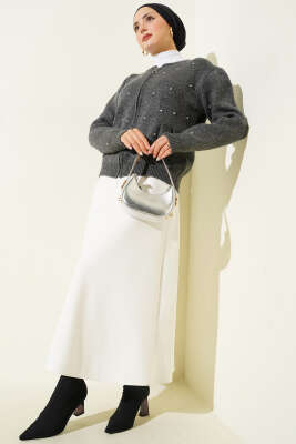 Taşlı Fermuarlı Kısa Triko Hırka Antrasit - Hırka