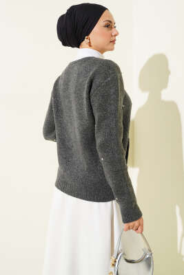 Taşlı Fermuarlı Kısa Triko Hırka Antrasit - Hırka