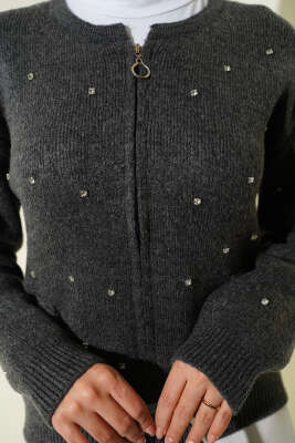 Taşlı Fermuarlı Kısa Triko Hırka Antrasit - Hırka