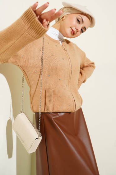 Taşlı Fermuarlı Kısa Triko Hırka Camel - Hırka