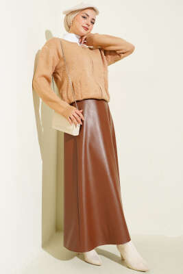 Taşlı Fermuarlı Kısa Triko Hırka Camel - Hırka