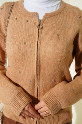 Taşlı Fermuarlı Kısa Triko Hırka Camel - Hırka