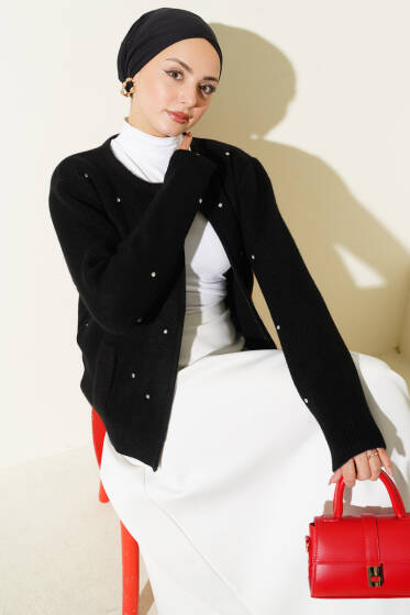 Taşlı Fermuarlı Kısa Triko Hırka Siyah - Hırka