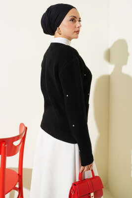 Taşlı Fermuarlı Kısa Triko Hırka Siyah - Hırka