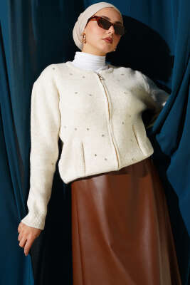 Taşlı Fermuarlı Kısa Triko Hırka Taş - FİXAY