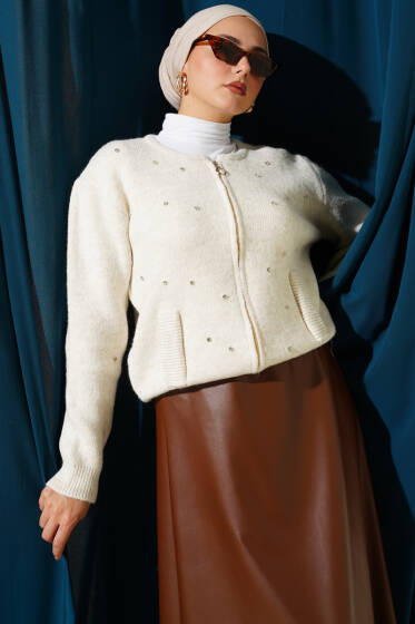 Taşlı Fermuarlı Kısa Triko Hırka Taş - Hırka