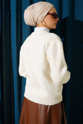 Taşlı Fermuarlı Kısa Triko Hırka Taş - Hırka