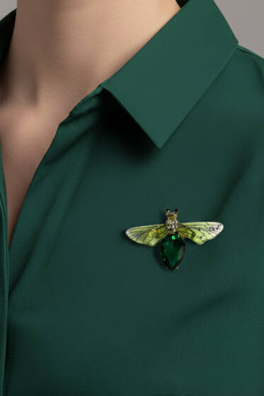 Taşlı Figürlü Broş Yeşil - Broş