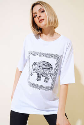Taşlı Fil Baskılı T-shirt Beyaz 