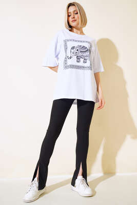 Taşlı Fil Baskılı T-shirt Beyaz - Kadın Giyim Modelleri
