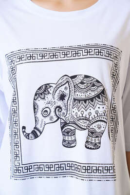 Taşlı Fil Baskılı T-shirt Beyaz - Kadın Giyim Modelleri