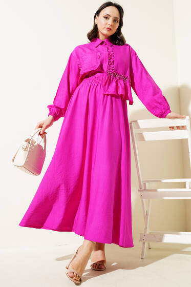 Taşlı Fırfırlı Etekli İkili Takım Fuşya - İkili Takım