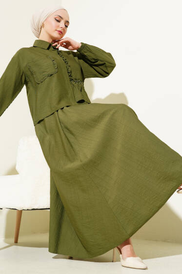 Taşlı Fırfırlı Etekli İkili Takım Haki - İkili Takım