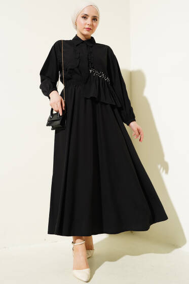 Taşlı Fırfırlı Etekli İkili Takım Siyah - İkili Takım