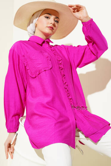 Taşlı Fırfırlı Gömlek Fuşya - Gömlek