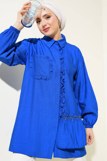 Taşlı Fırfırlı Gömlek Saks - Gömlek