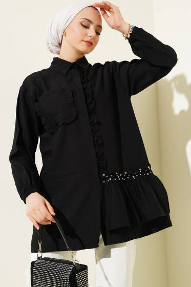 Taşlı Fırfırlı Gömlek Siyah - Gömlek
