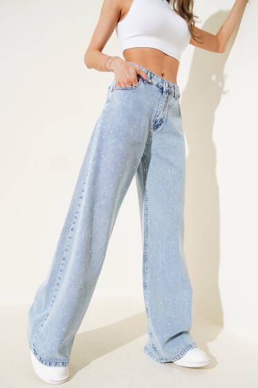 Taşlı Geniş Paça Kot Pantolon Açık Kar - Kadın Giyim Modelleri