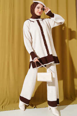 Taşlı Gömlek Yaka Triko İkili Takım Bej 