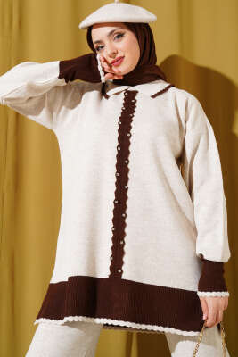 Taşlı Gömlek Yaka Triko İkili Takım Bej - İkili Takım