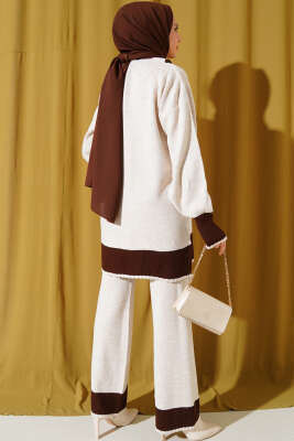 Taşlı Gömlek Yaka Triko İkili Takım Bej - Triko İkili Takım