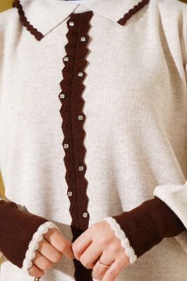 Taşlı Gömlek Yaka Triko İkili Takım Bej - Triko İkili Takım