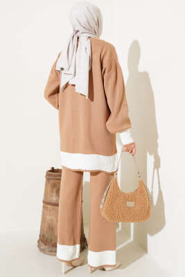 Taşlı Gömlek Yaka Triko İkili Takım Bisküvi - Triko İkili Takım