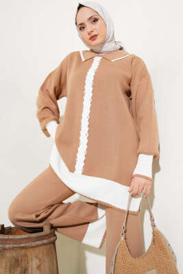 Taşlı Gömlek Yaka Triko İkili Takım Bisküvi - Triko İkili Takım
