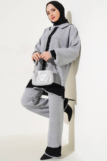 Taşlı Gömlek Yaka Triko İkili Takım Gri - İkili Takım