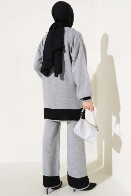 Taşlı Gömlek Yaka Triko İkili Takım Gri - İkili Takım