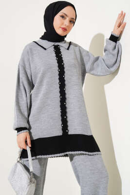 Taşlı Gömlek Yaka Triko İkili Takım Gri - İkili Takım