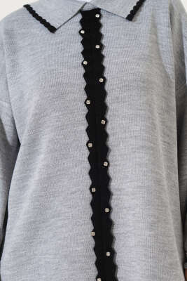 Taşlı Gömlek Yaka Triko İkili Takım Gri - İkili Takım