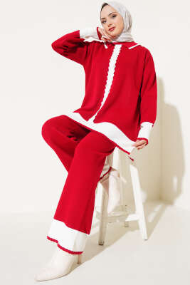 Taşlı Gömlek Yaka Triko İkili Takım Kırmızı 