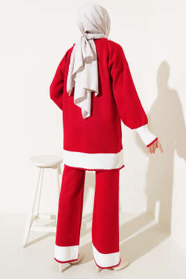 Taşlı Gömlek Yaka Triko İkili Takım Kırmızı - Triko İkili Takım