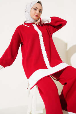 Taşlı Gömlek Yaka Triko İkili Takım Kırmızı - Triko İkili Takım